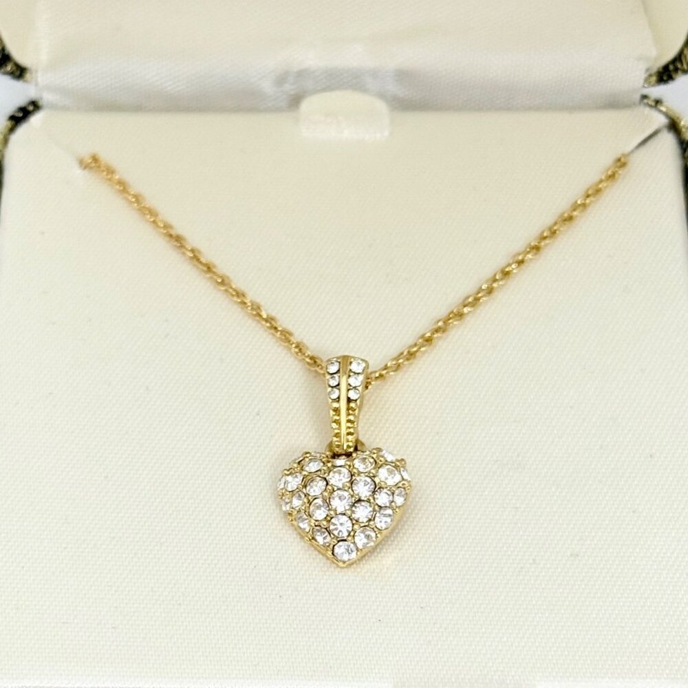 Vintage Monet Gold Tone Heart Necklace w/Crystal Rhinestones In Box